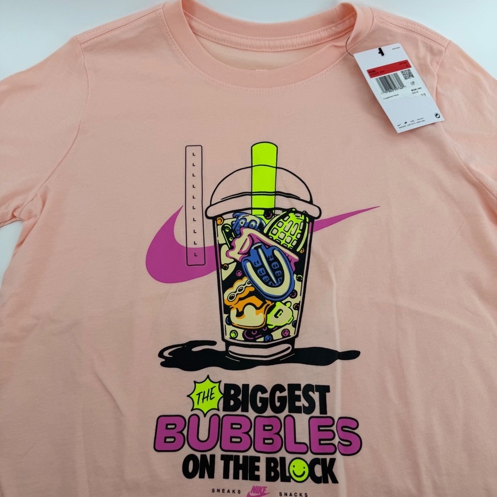 Nike Tee Graphic T Shirt Pink Bubble Drink Sneakers Snacks Size L NWT